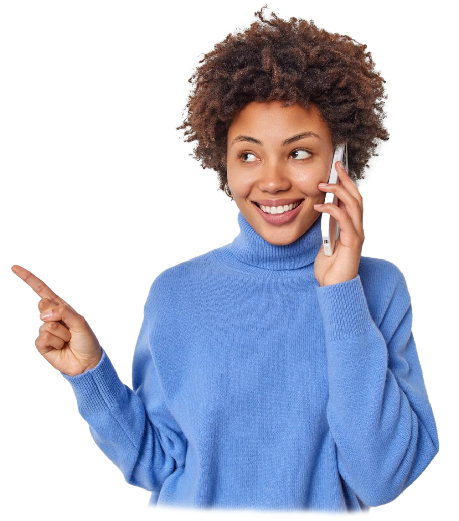 Jeune femme assez joyeuse passe appel telephonique tient smartphone pres points oreille espace copie vierge montre publicite isolee fond bleu concept promotion technologie personnes